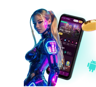 Mobile app: a woman holding a phone and the Android icon